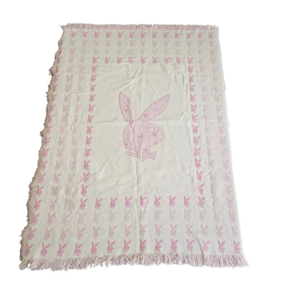 Vintage 2004 Playboy Bunny Reversible Throw Blanket Pink Cream Y2K Fringe